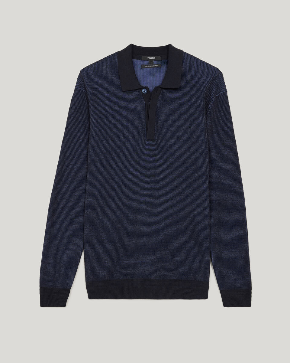 Two-Toned Long Sleeve Knit Polo, Navy, hi-res